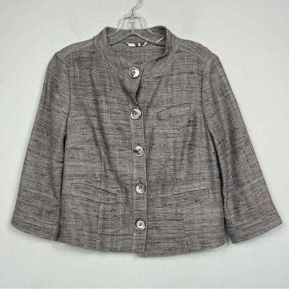 BOGNER Silk Tweed Boucle Blazer Jacket Gray Brown Cropped Bolero 3/4 Sleeve US 8 - Picture 4 of 16